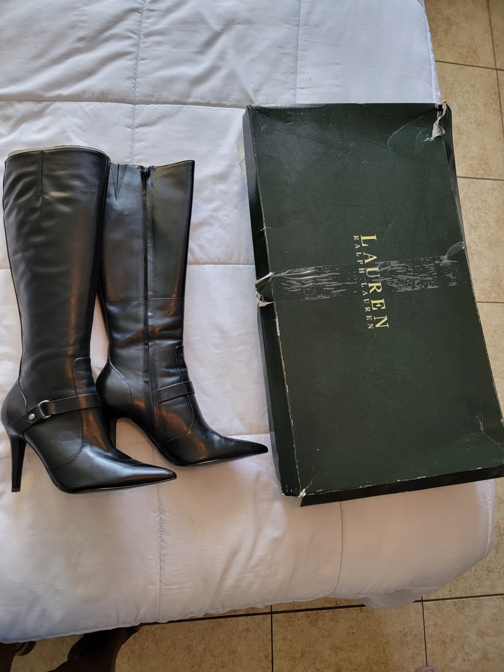 Lauren Ralph Lauren Black Pointed-Toe Knee-High Leather Stiletto Boots
